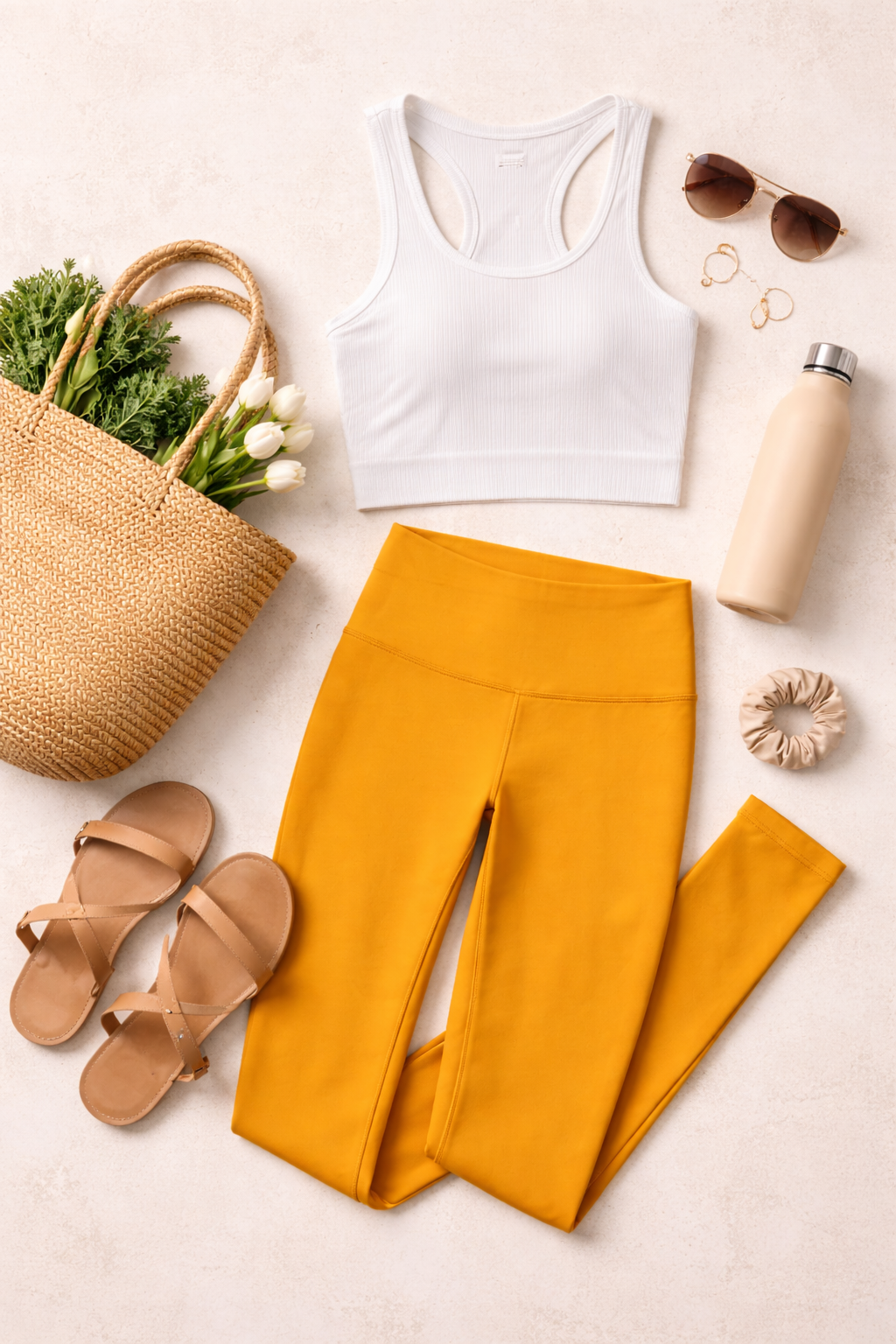 NWT PrAna Chakara 7/8 Leggings Deep Solstice | XS at Blue Sparrow Shop flatlay with bag, sandals, water bottle