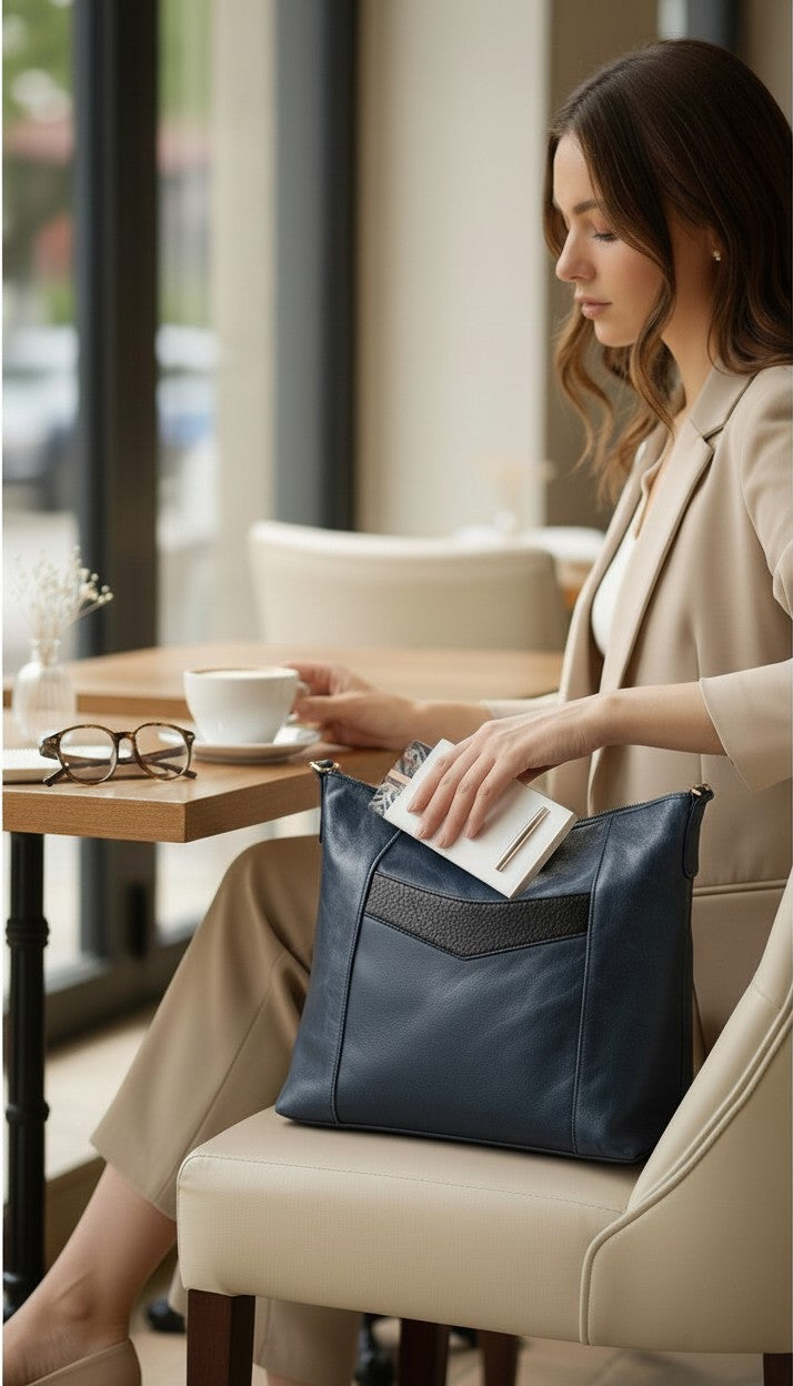 Vintage navy rowland leather made in canada leather bag at Blue Sparrow shop woman in cafe using it