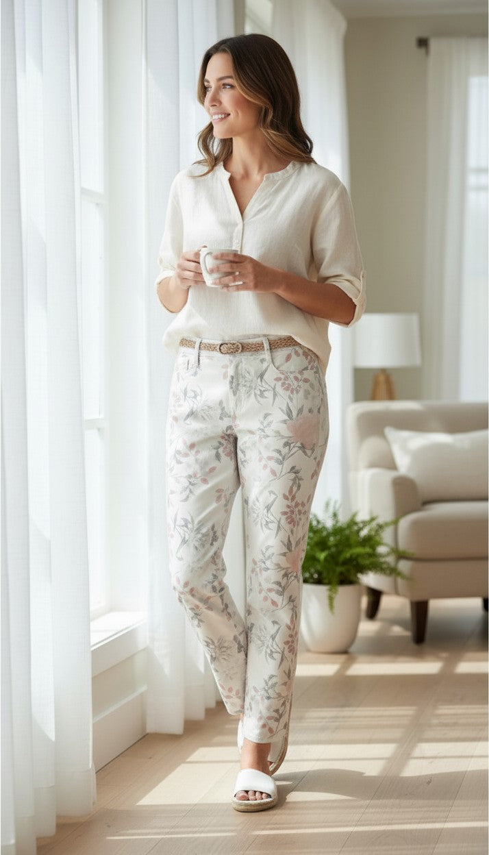 ribal Brand Floral Jegging Jeans | Size 12 at Blue Sparrow Shop on woman at window