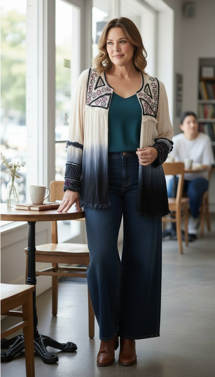 Boho Embroidered Beaded Kimono | Size L with dark jeans on woman leaning on table