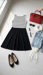 GAP 100% Cotton Sleeveless Fit-and-Flare Knit Dress | Size L lifestyle photo with shoes, denim jacket, red purse.
