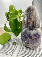 chevron amethyst pillar on book with leaves 