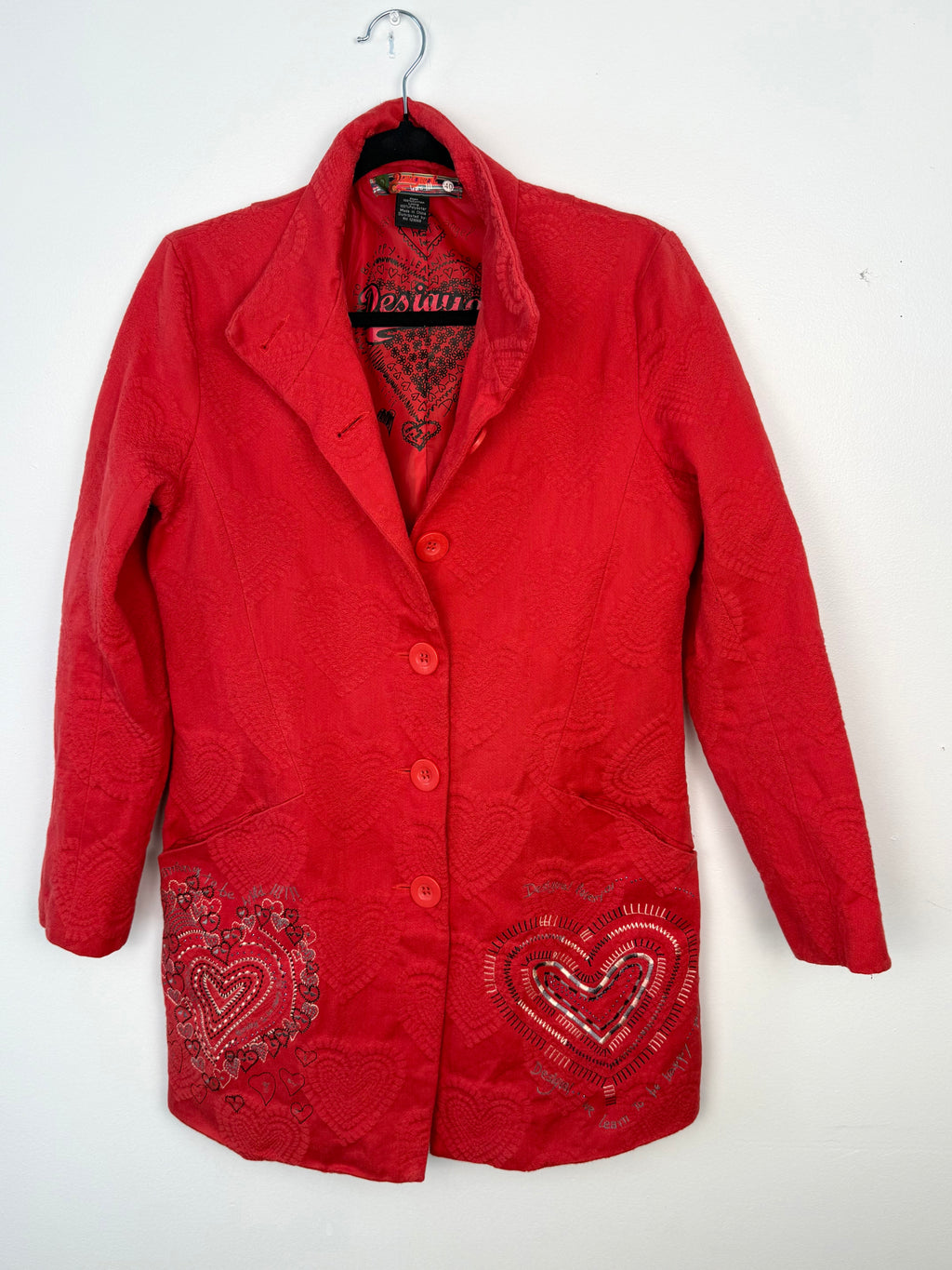Red Desigual heart blazer women Y2K embroidered jacket size 40