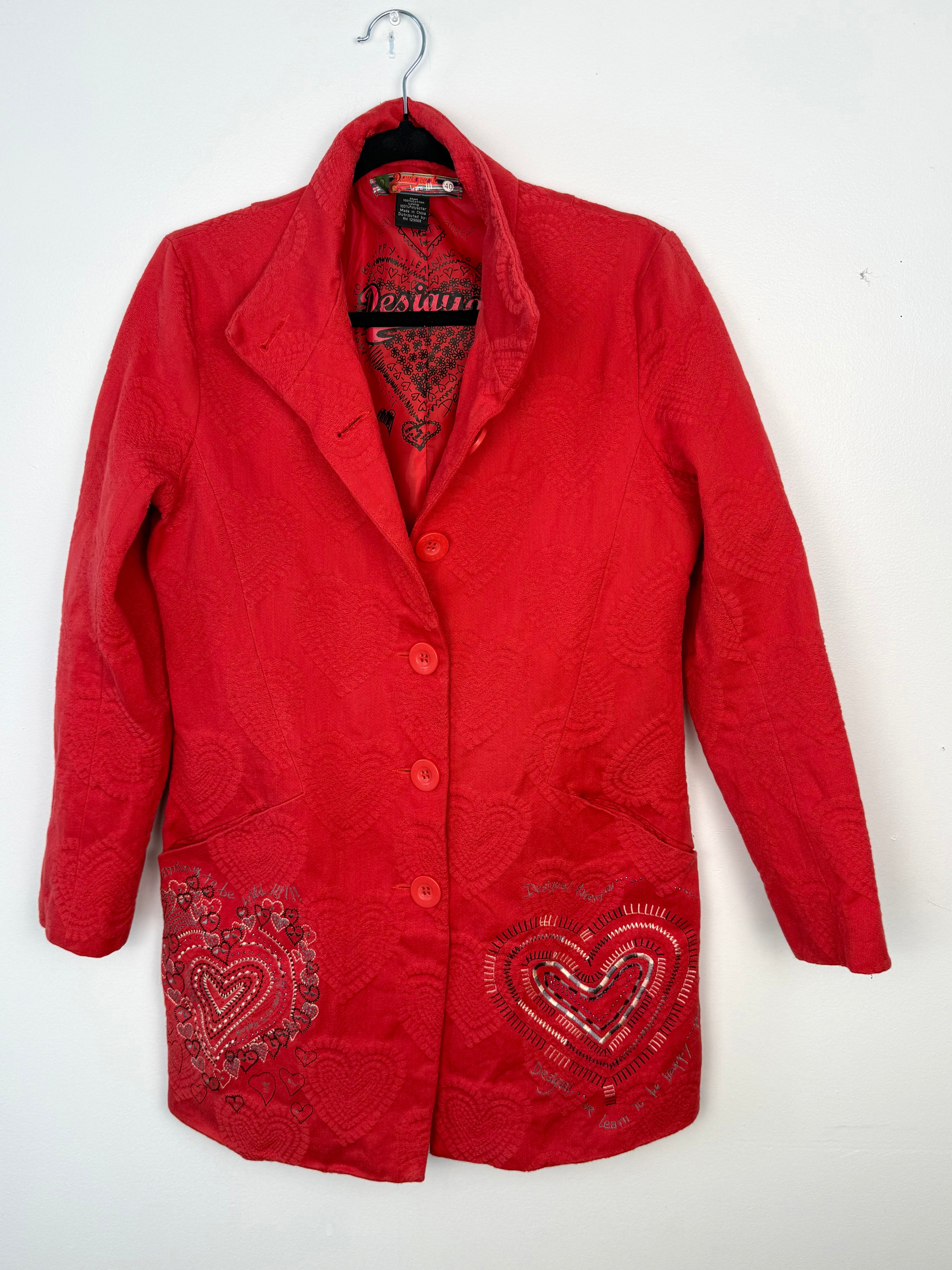 Red Desigual heart blazer women Y2K embroidered jacket size 40