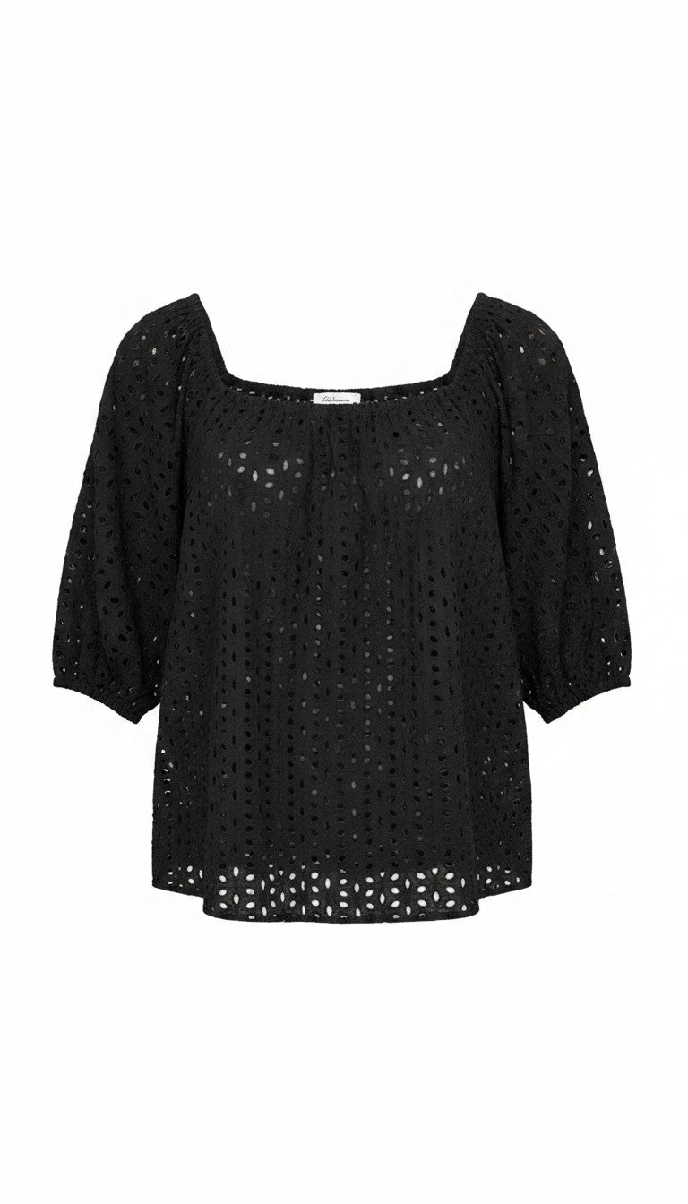 Reitmans 100% Cotton Black Eyelet Puff Sleeve Top — Square Neck | Peasant Style | Size M at Blue Sparrow Shop Resale Reimagined 
