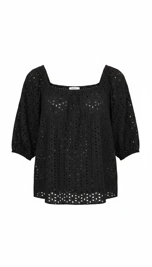 Reitmans 100% Cotton Black Eyelet Puff Sleeve Top — Square Neck | Peasant Style | Size M at Blue Sparrow Shop Resale Reimagined 