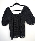 back of Reitmans 100% Cotton Black Eyelet Puff Sleeve Top — Square Neck | Peasant Style | Size M at Blue Sparrow Shop Resale Reimagined  on hanger