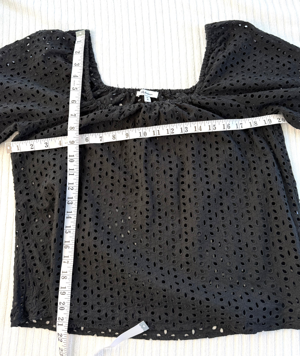 Reitmans 100% Cotton Black Eyelet Puff Sleeve Top — Square Neck | Peasant Style | Size M at Blue Sparrow Shop Resale Reimagined  measuring 40" bust and 22" shoulder to hem 