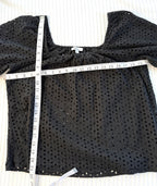Reitmans 100% Cotton Black Eyelet Puff Sleeve Top — Square Neck | Peasant Style | Size M at Blue Sparrow Shop Resale Reimagined  measuring 40" bust and 22" shoulder to hem 