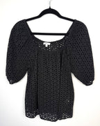 Reitmans 100% Cotton Black Eyelet Puff Sleeve Top — Square Neck | Peasant Style | Size M at Blue Sparrow Shop Resale Reimagined  on hanger