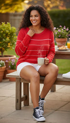 Reitmans Striped 100% Cotton Sweater XL at Blue Sparrow Shop on woman sitting on picnic table drinking coffee