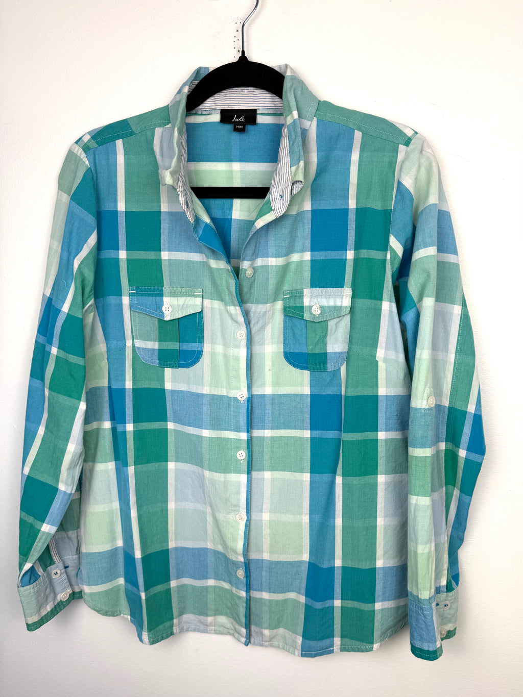 Resale 100% Cotton Juli Plaid Button Front Shirt | Aqua Coastal Casual Top at Blue Sparrow Shop