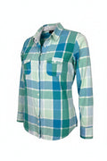 Resale 100% Cotton Juli Plaid Button Front Shirt | Aqua Coastal Casual Top at Blue Sparrow Shop  on white background