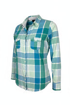  Resale 100% Cotton Juli Plaid Button Front Shirt | Aqua Coastal Casual Top at Blue Sparrow Shop  on white background