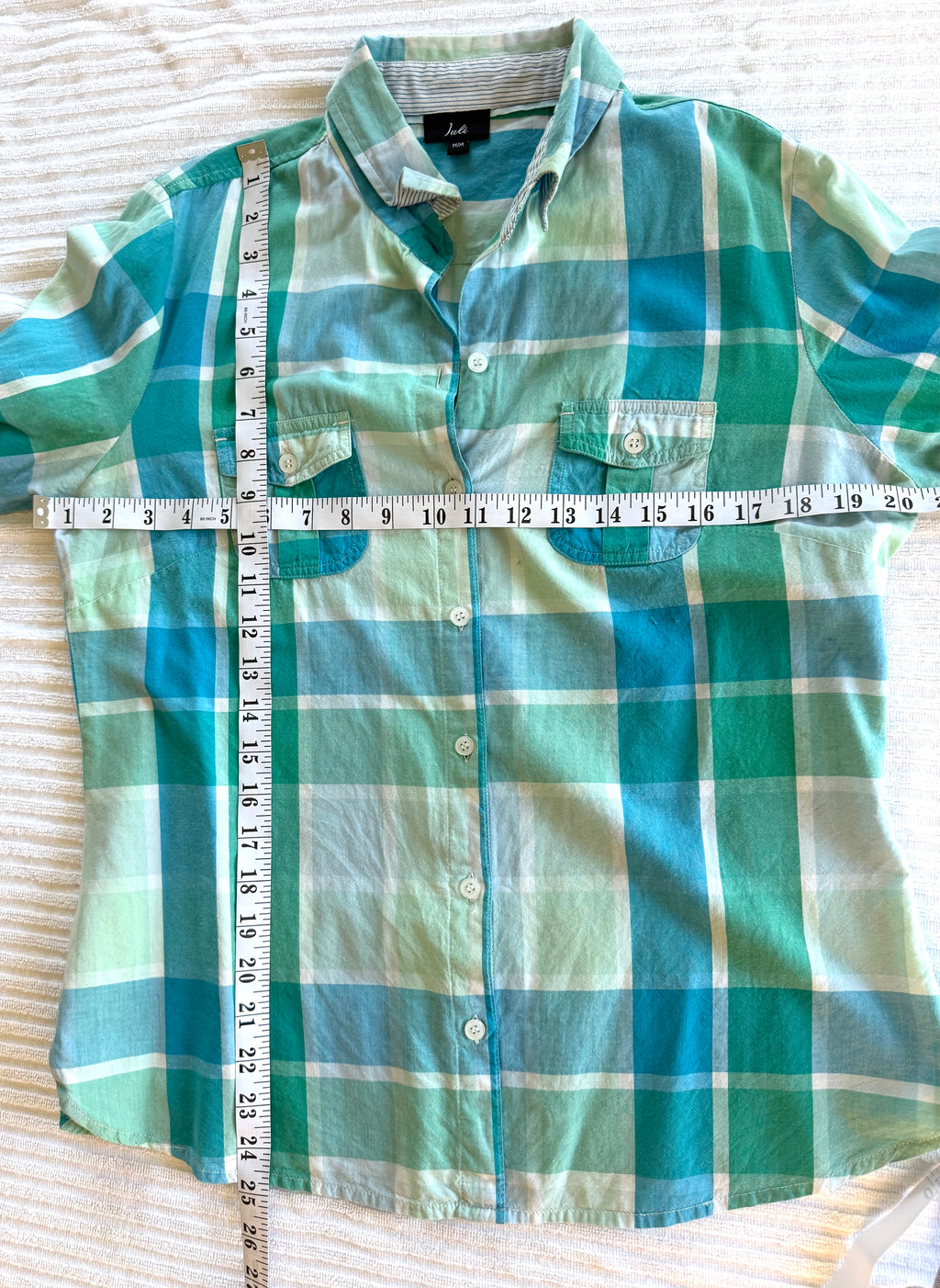 Resale 100% Cotton Juli Plaid Button Front Shirt | Aqua Coastal Casual Top at Blue Sparrow Shop measuring 40" bust and 25" shoulder to hem 