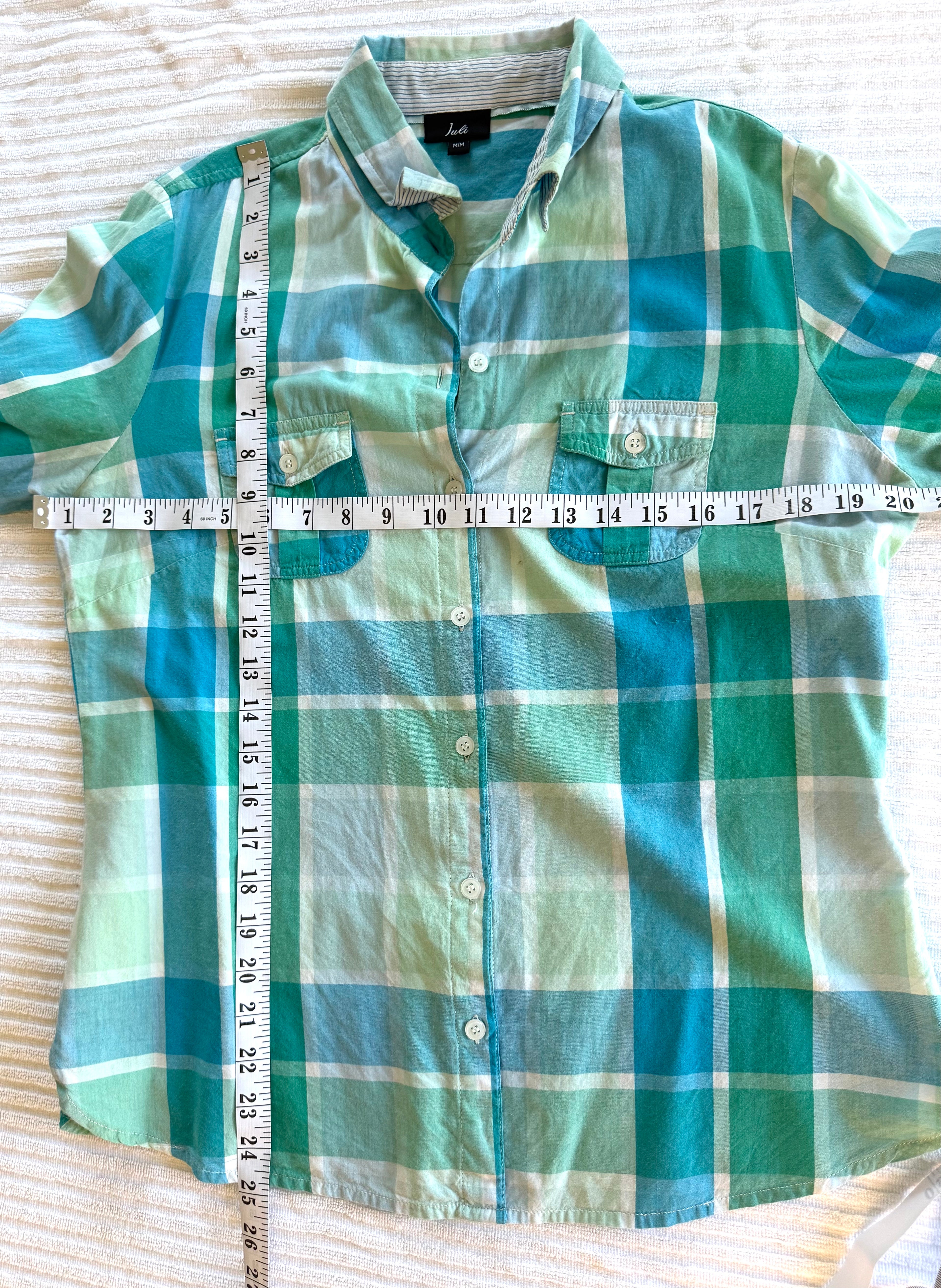 Resale 100% Cotton Juli Plaid Button Front Shirt | Aqua Coastal Casual Top at Blue Sparrow Shop measuring 40" bust and 25" shoulder to hem 