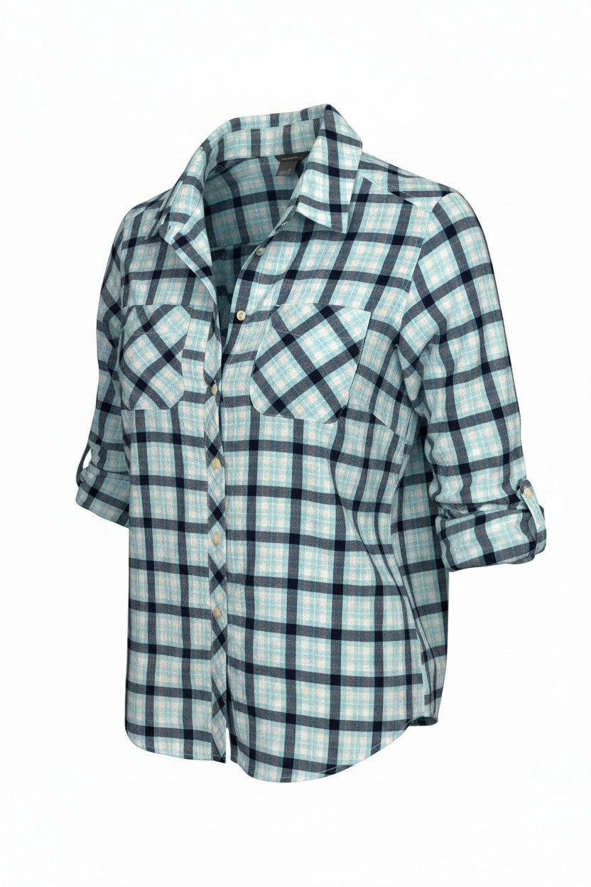 Resale 99% Cotton Eddie Bauer Plaid Button Front Shirt at Blue Sparrow Shop on white background