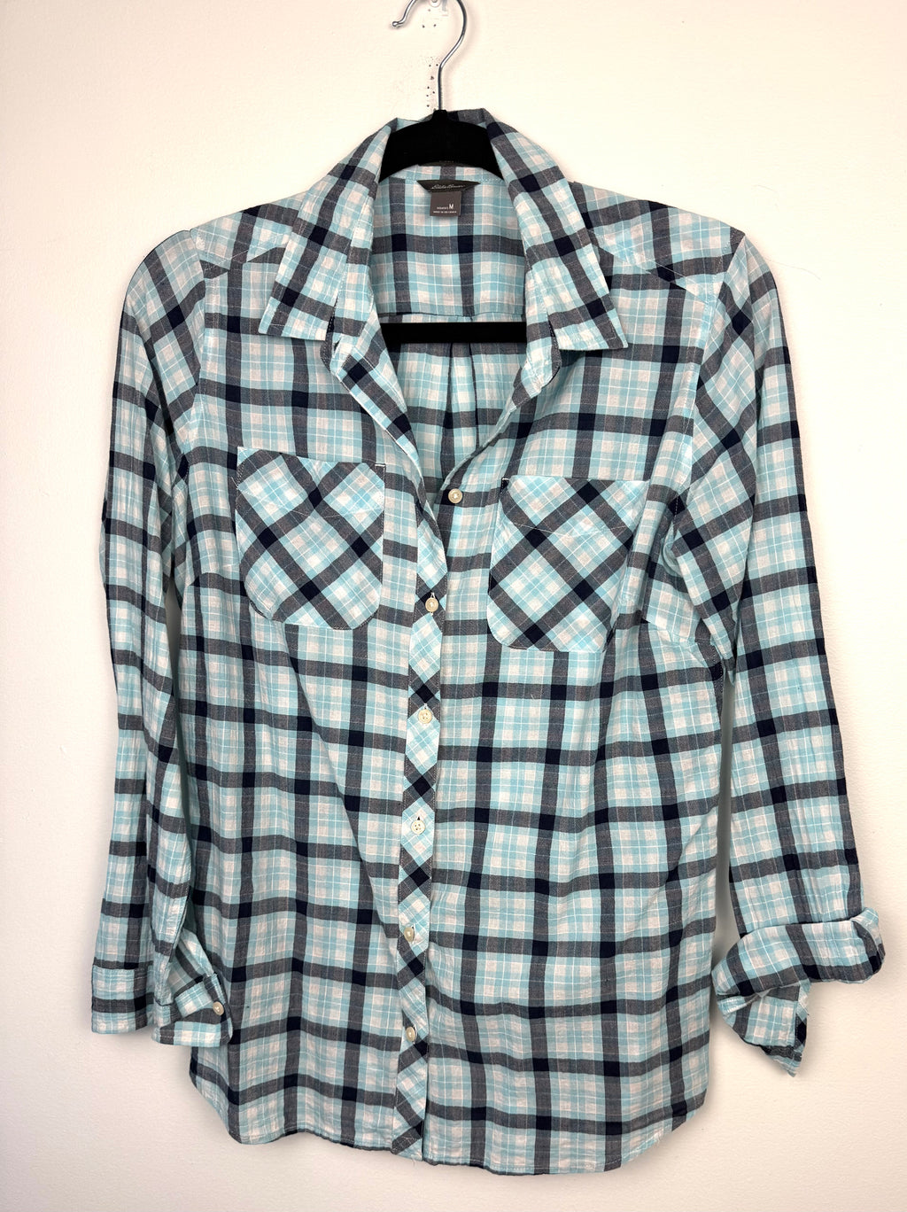 Resale 99% Cotton Eddie Bauer Plaid Button Front Shirt at Blue Sparrow Shop on hanger