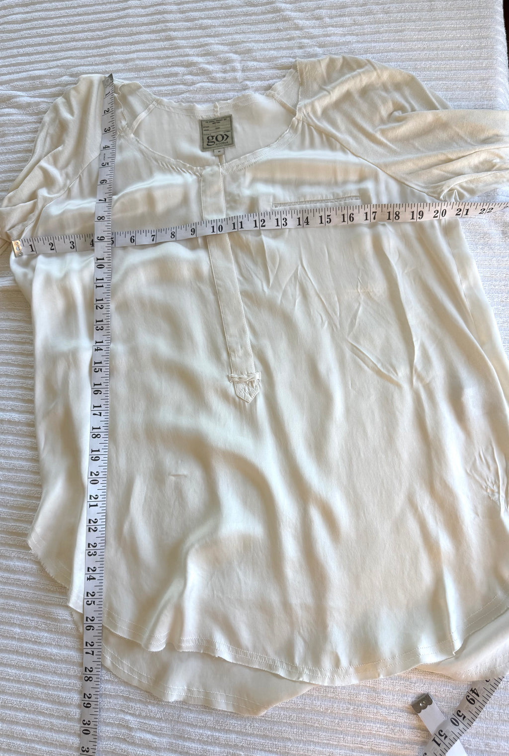 Resale Go Silk Washable Silk Long Sleeve Blouse at Blue Sparrow Shop measuring 42" bust and 26-28" shoulder to hem 