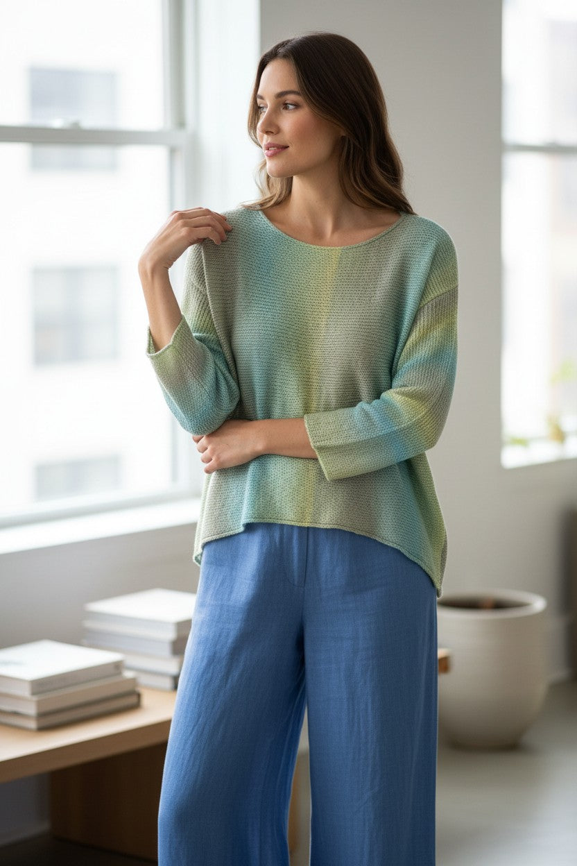 Resale Tricots Jean Marc Paris Made in France Sweater | Size M at Blue Sparrow Shop on woman wearing blue linen pants looking out window