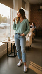 Retro 80's Style Waffle Knit Sweater | Size M at Blue Sparrow Shop on woman drinking coffee 