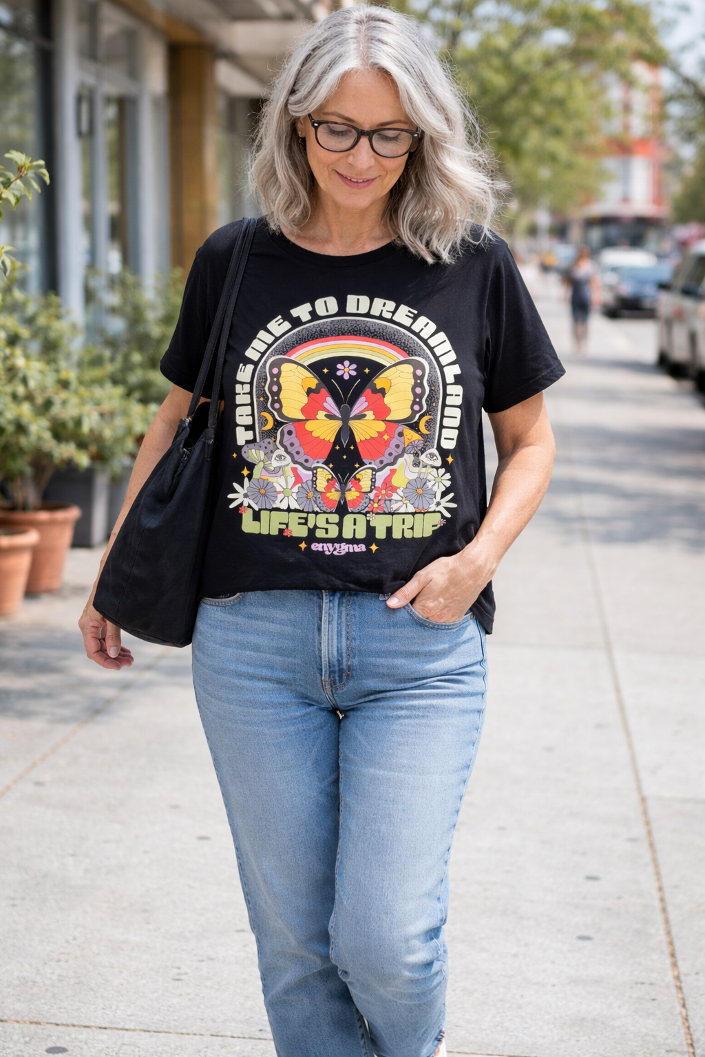 Retro Graphic Tee on a woman to show the look at Blue Sparrow Shop