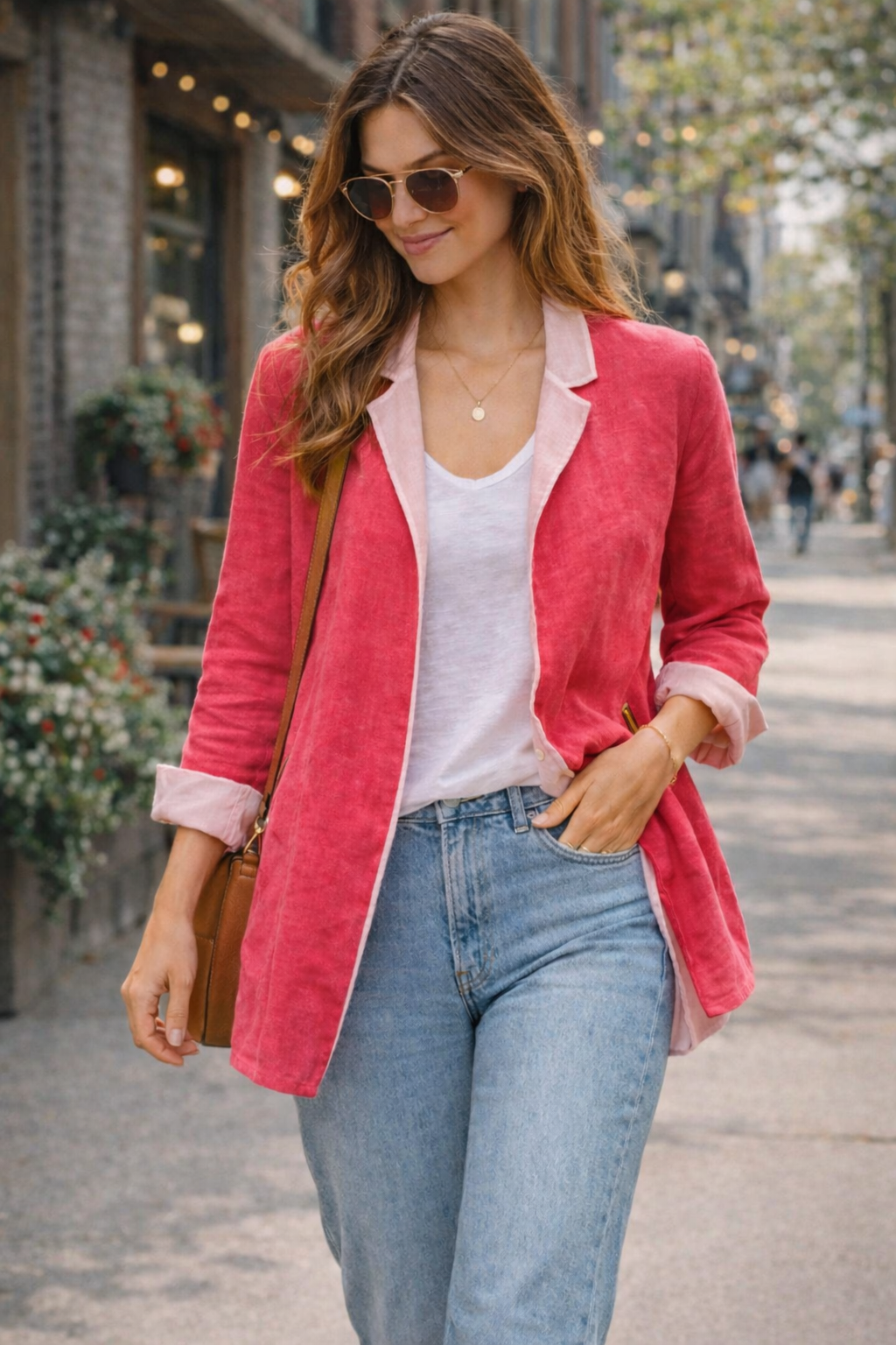 Reversible Linen Jacket | Size M/L at Blue Sparrow Shop on woman walking outside 