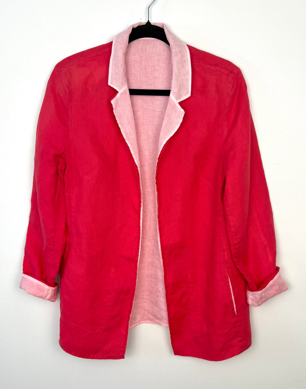 Reversible linen blazer women hot pink summer jacket European vacation outfit on black hanger with white background