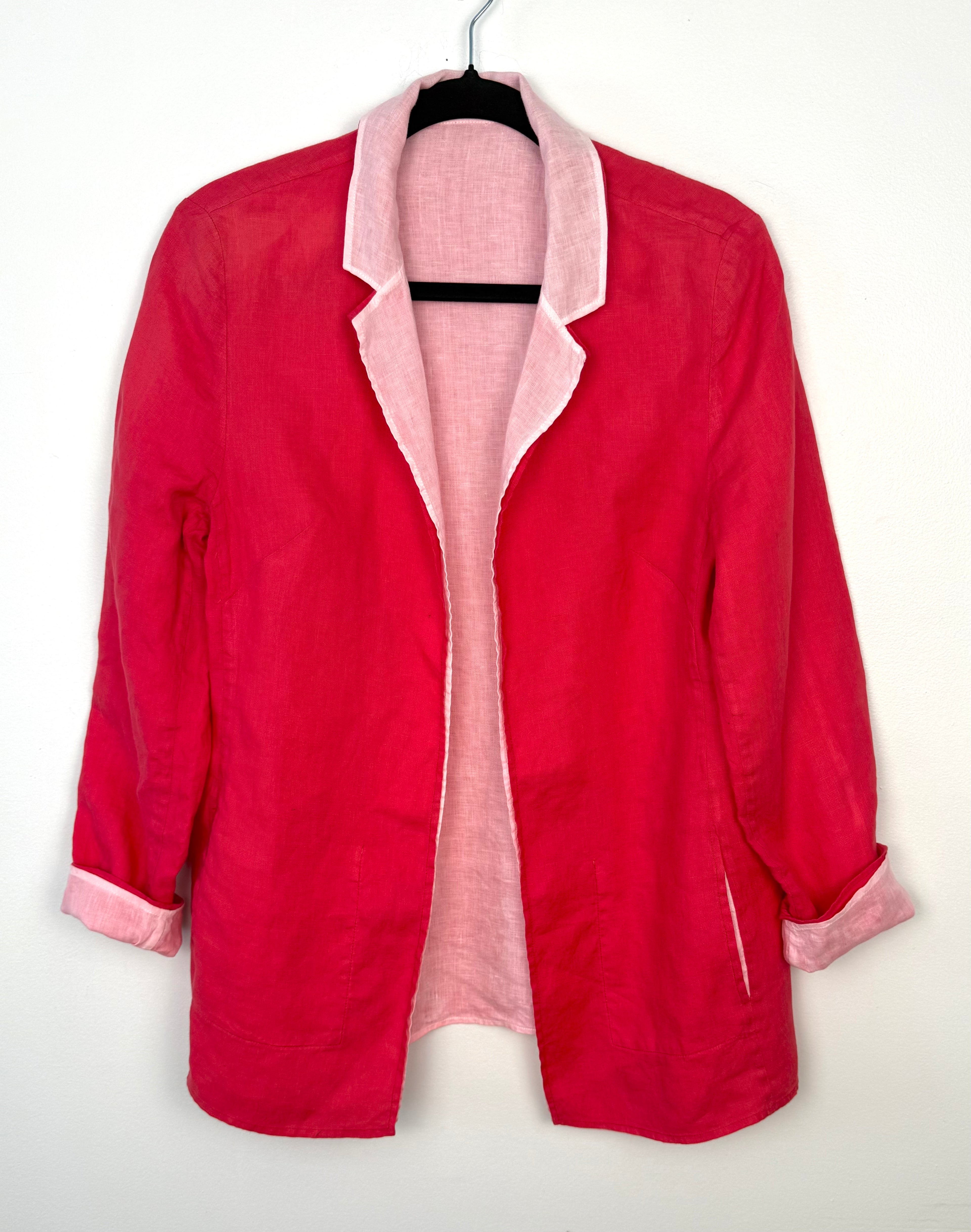 Reversible linen blazer women hot pink summer jacket European vacation outfit on black hanger with white background