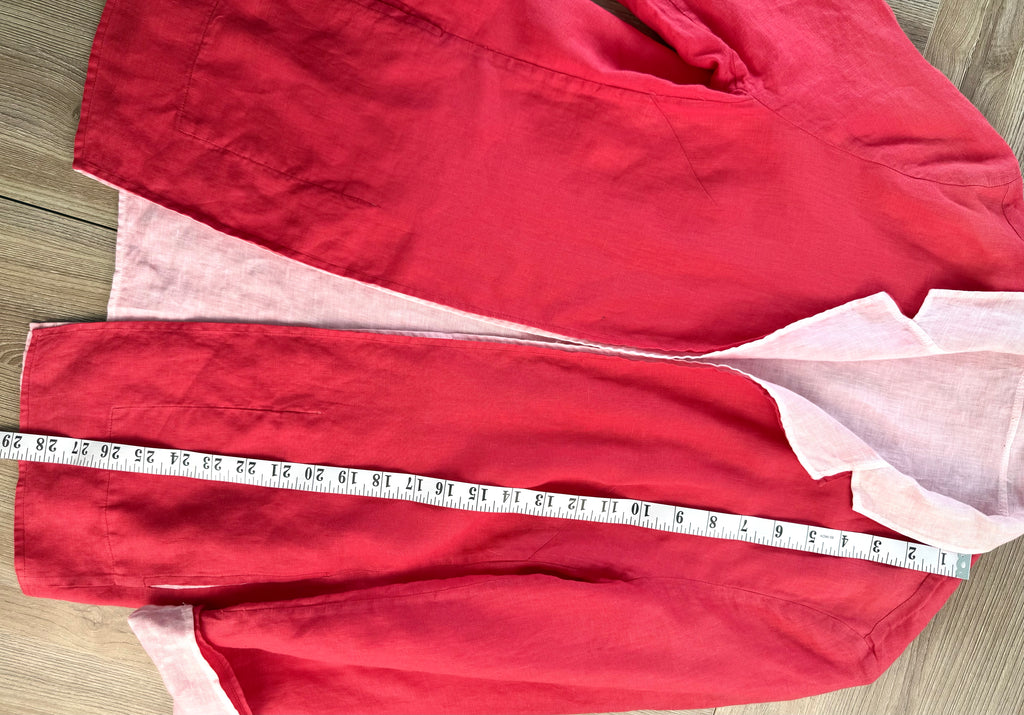 Reversible linen jacket for women in hot pink and light pink measuring 29" from shoulder to hem
