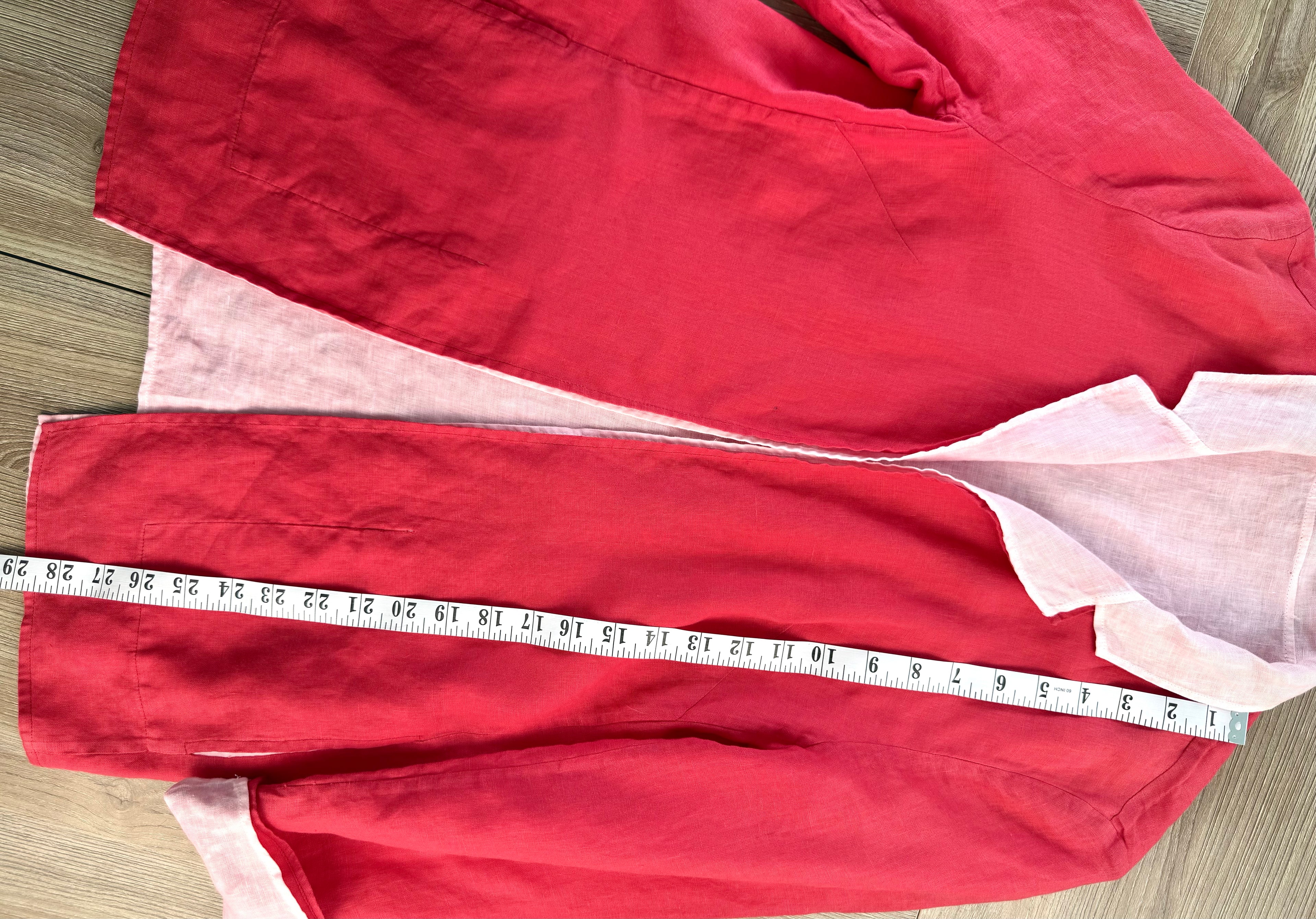 Reversible linen jacket for women in hot pink and light pink measuring 29" from shoulder to hem