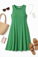  Ribbed Midi Tank Dress | Size M at Blue Sparrow Shop on flatlay with sandals, bag, sunglasses