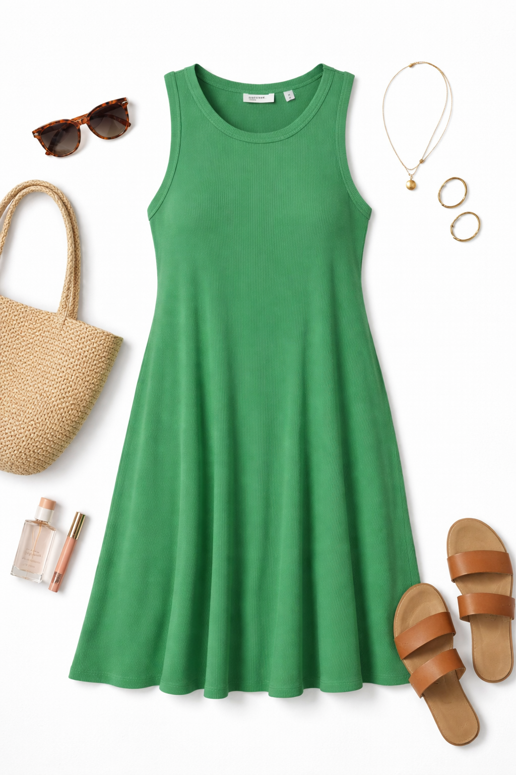  Ribbed Midi Tank Dress | Size M at Blue Sparrow Shop on flatlay with sandals, bag, sunglasses