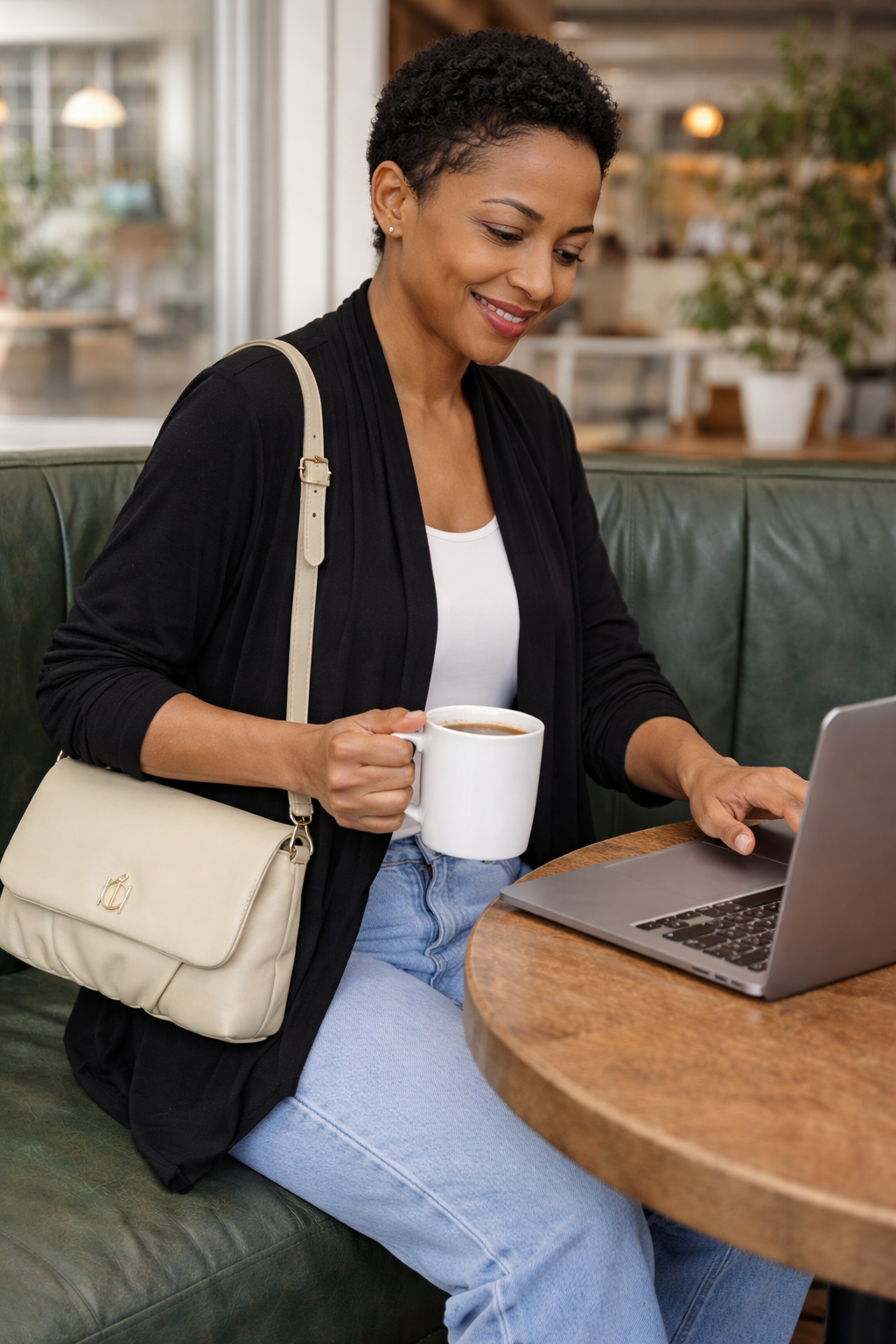 Riona Sage Green Crossbody Bag | RFID at Blue Sparrow Shop on woman in cafe 