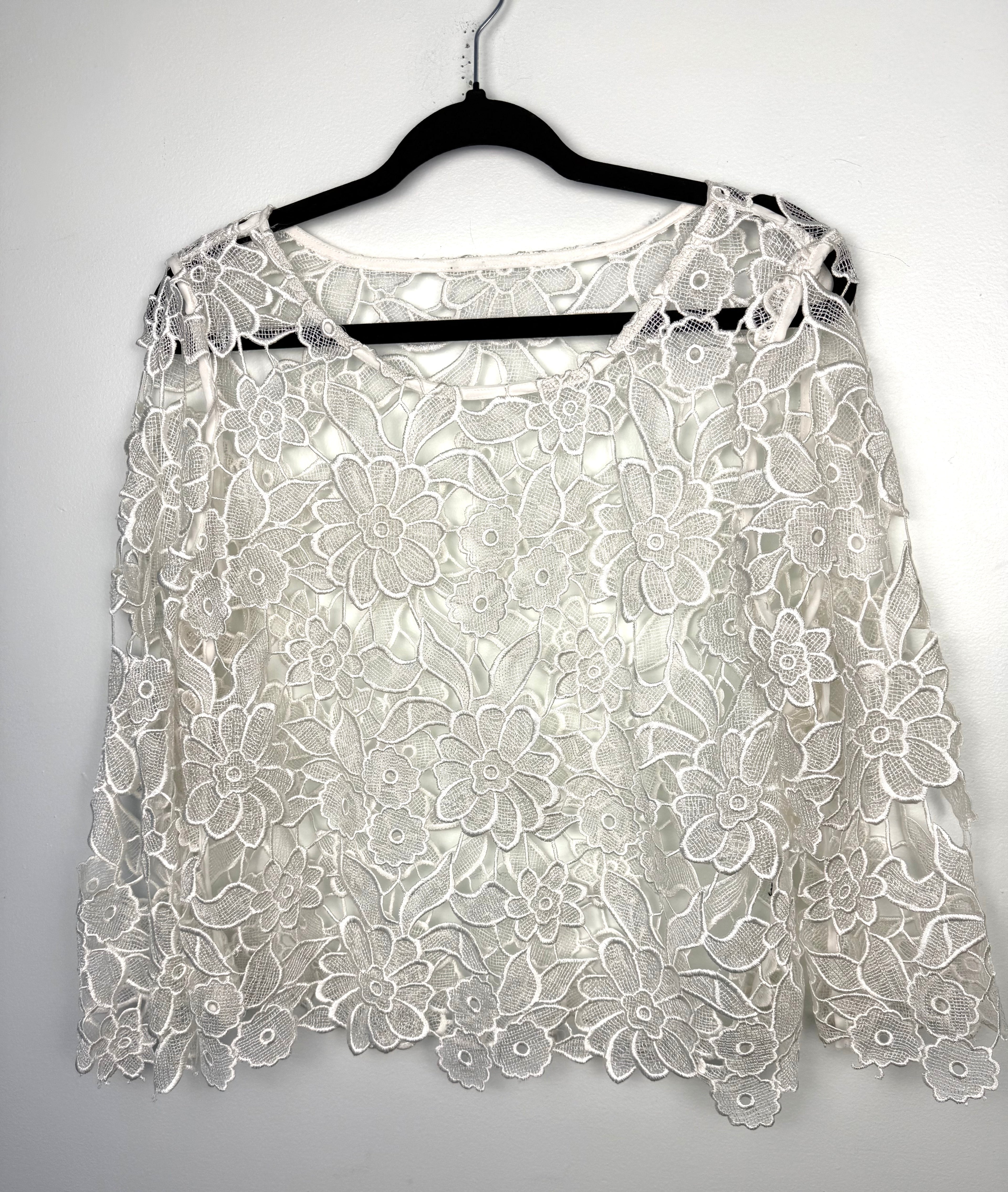 Romantic Lace Overlay Cottagecore Top | Size L at Blue Sparrow Shop on hanger