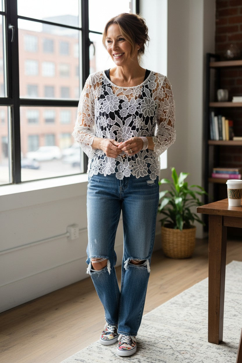 Romantic Lace Overlay Cottagecore Top | Size L at Blue Sparrow Shop on woman dressed casually in jeans