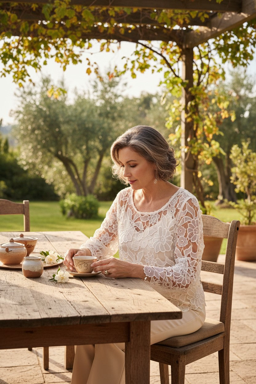 Romantic Lace Overlay Cottagecore Top | Size L at Blue Sparrow Shop on woman having tea outside dressed simply elegantly