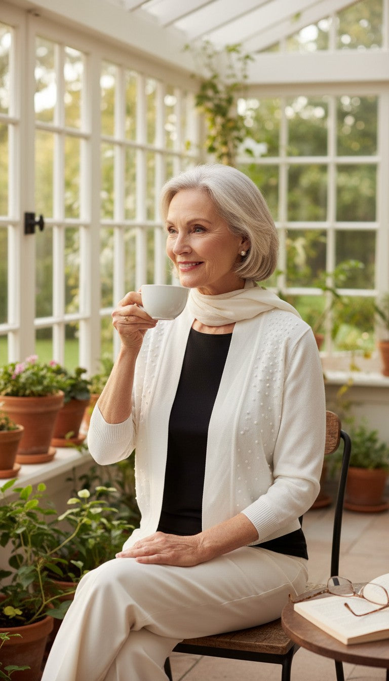 Ronni Nicole Ivory Pearl Cardigan | Size L at Blue Sparrow SHop on woman drinking coffee in a sunroom 