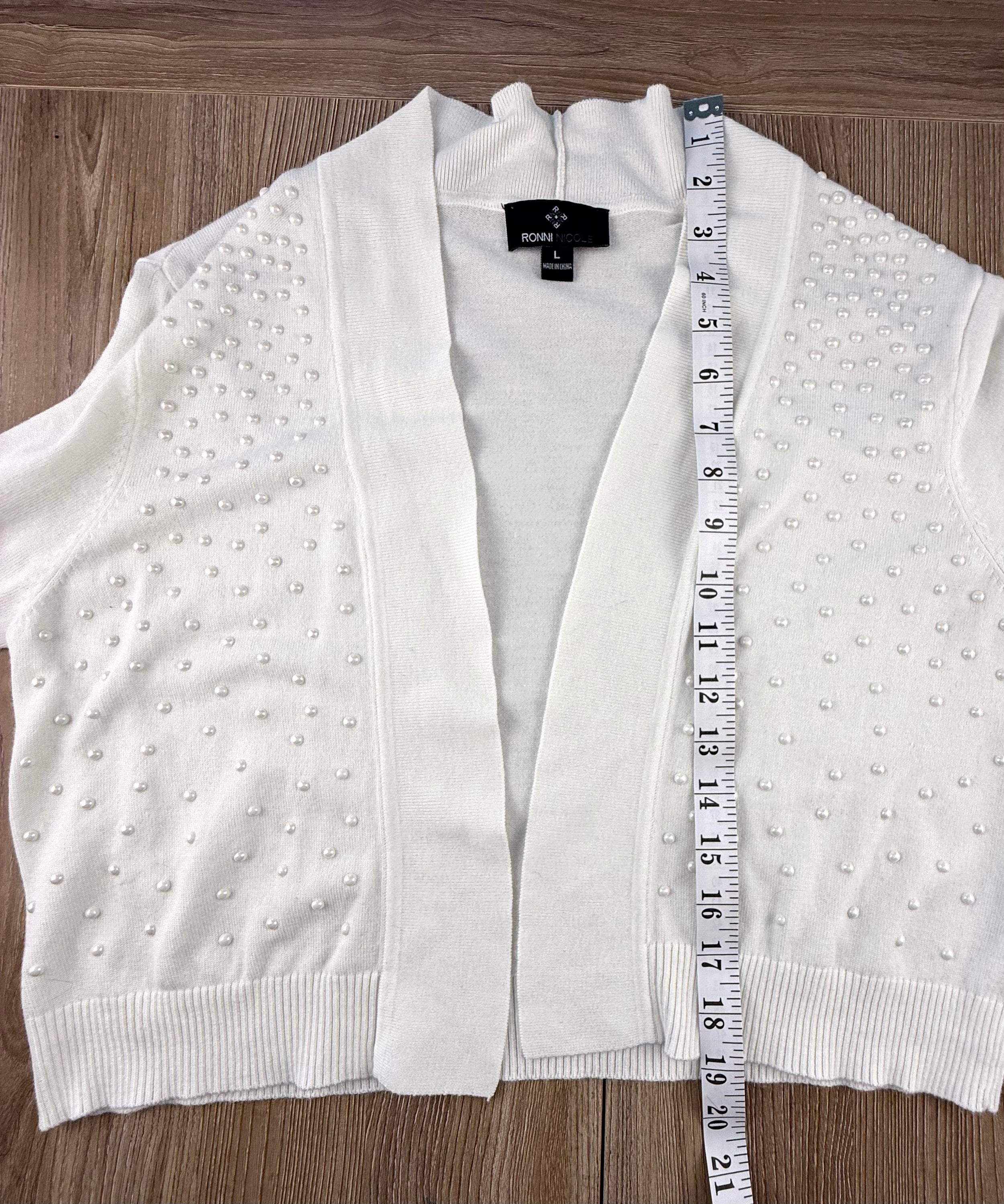 Ronni Nicole Ivory Pearl Cardigan measuring 19" shoulder to hem 