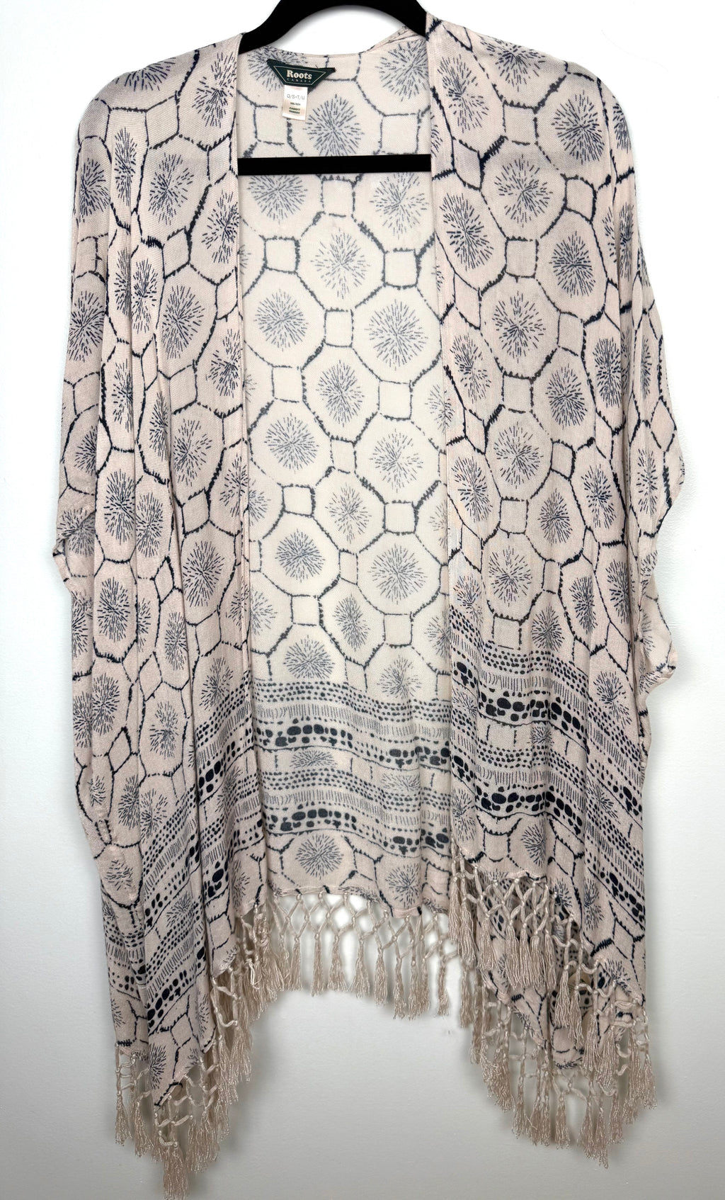 Roots Canada Lightweight Geometric Print Fringe Kimono | One Size at Blue Sparrow Shop on hanger