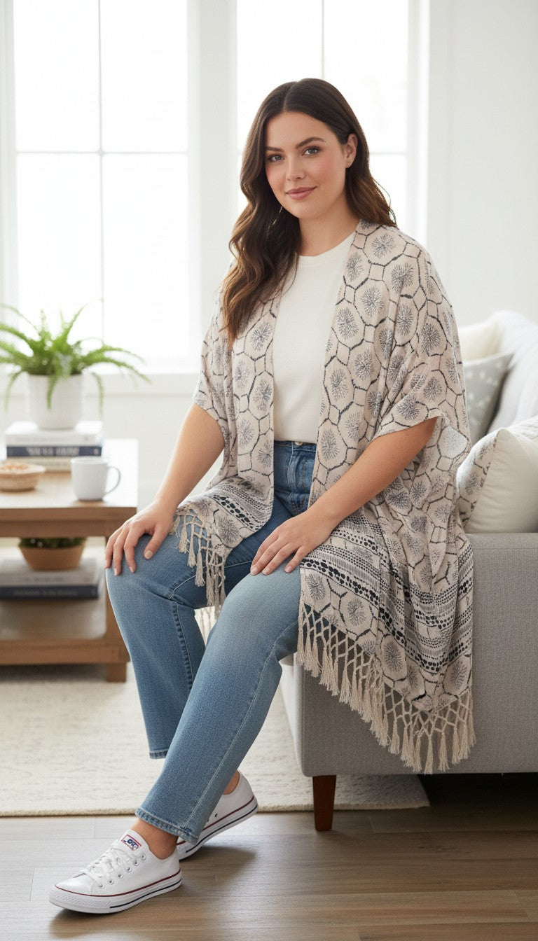 Roots Canada Lightweight Geometric Print Fringe Kimono | One Size at Blue Sparrow Shop on woman sitting on edge of couch