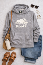 Roots Canada Pullover Hoodie | Size L at Blue Sparrow Shop flatlay with sandals, jeans, waterbottle, purse