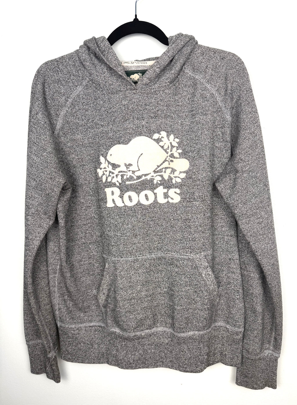 Roots Canada Pullover Hoodie at Blue Sparrow Shop  front of shirt  on hanger