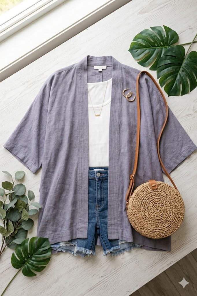 Roots_kimono at Blue Sparrow Shop on flatlay with bag, shorts, tshirt