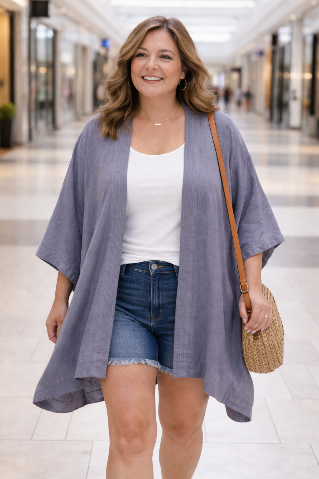 Roots_kimono at Blue Sparrow Shop on woman walking in mall 