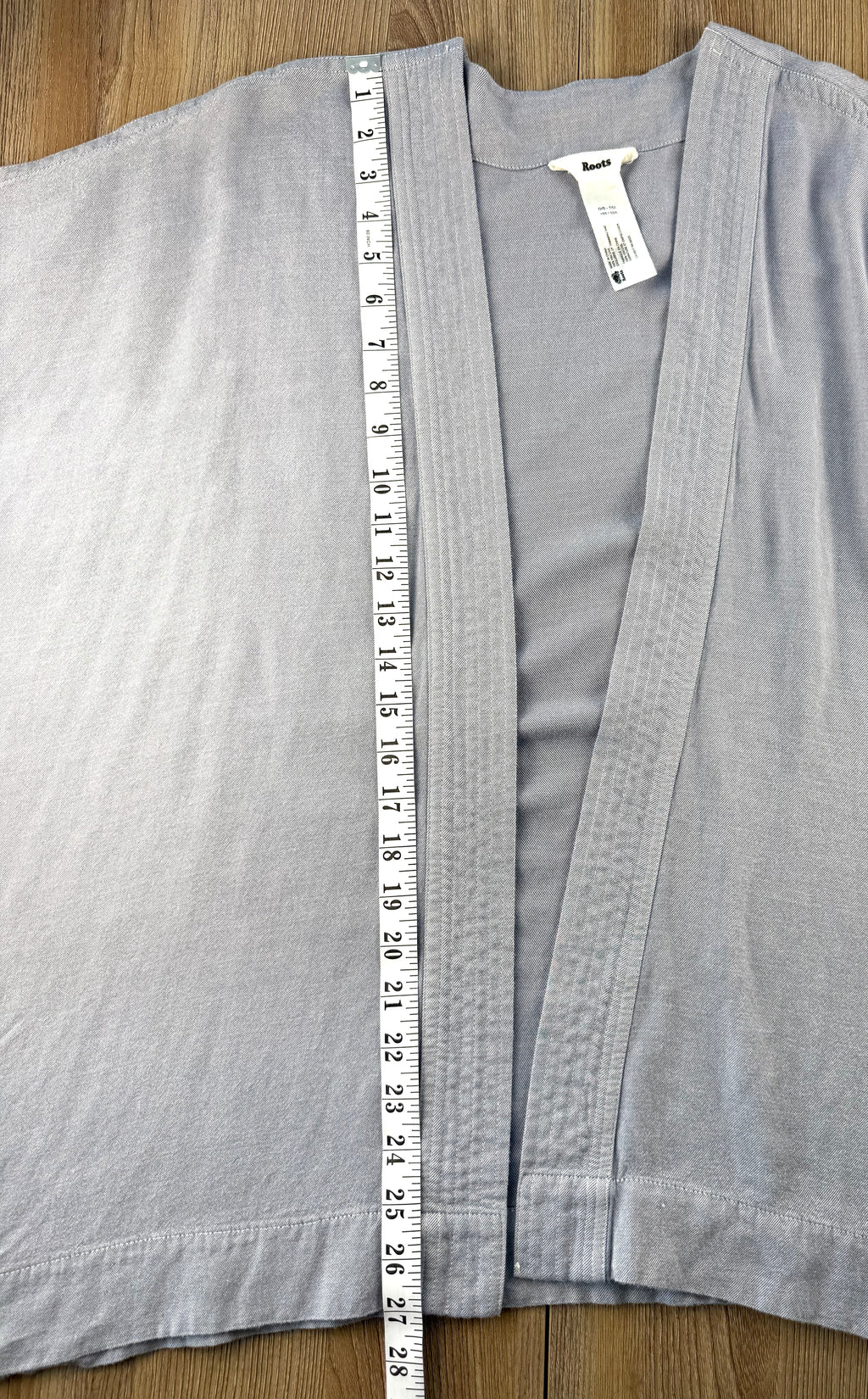Roots oversized cardigan or kimono in denim blue measuring approx 27" length 