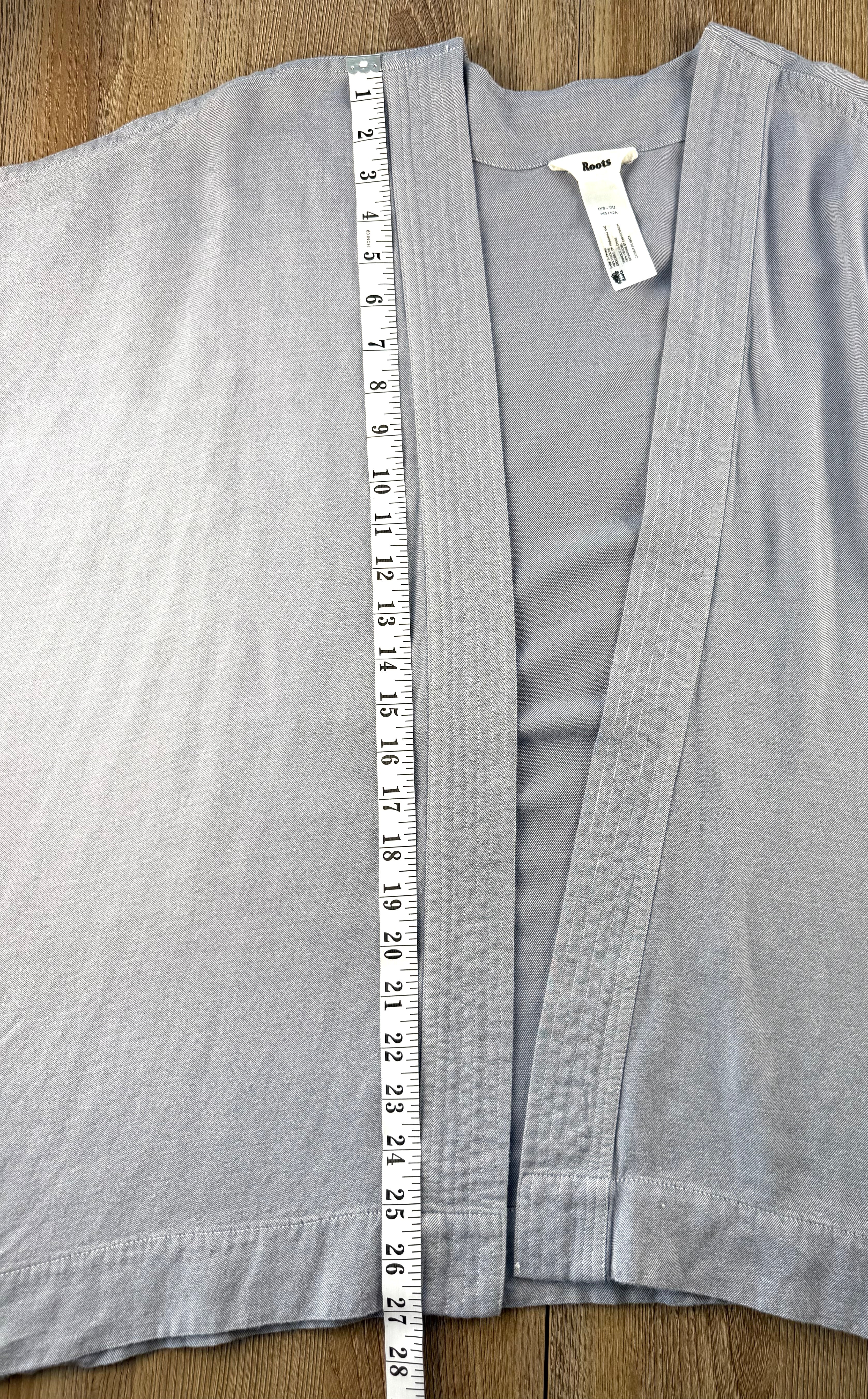 Roots oversized cardigan or kimono in denim blue measuring approx 27" length 