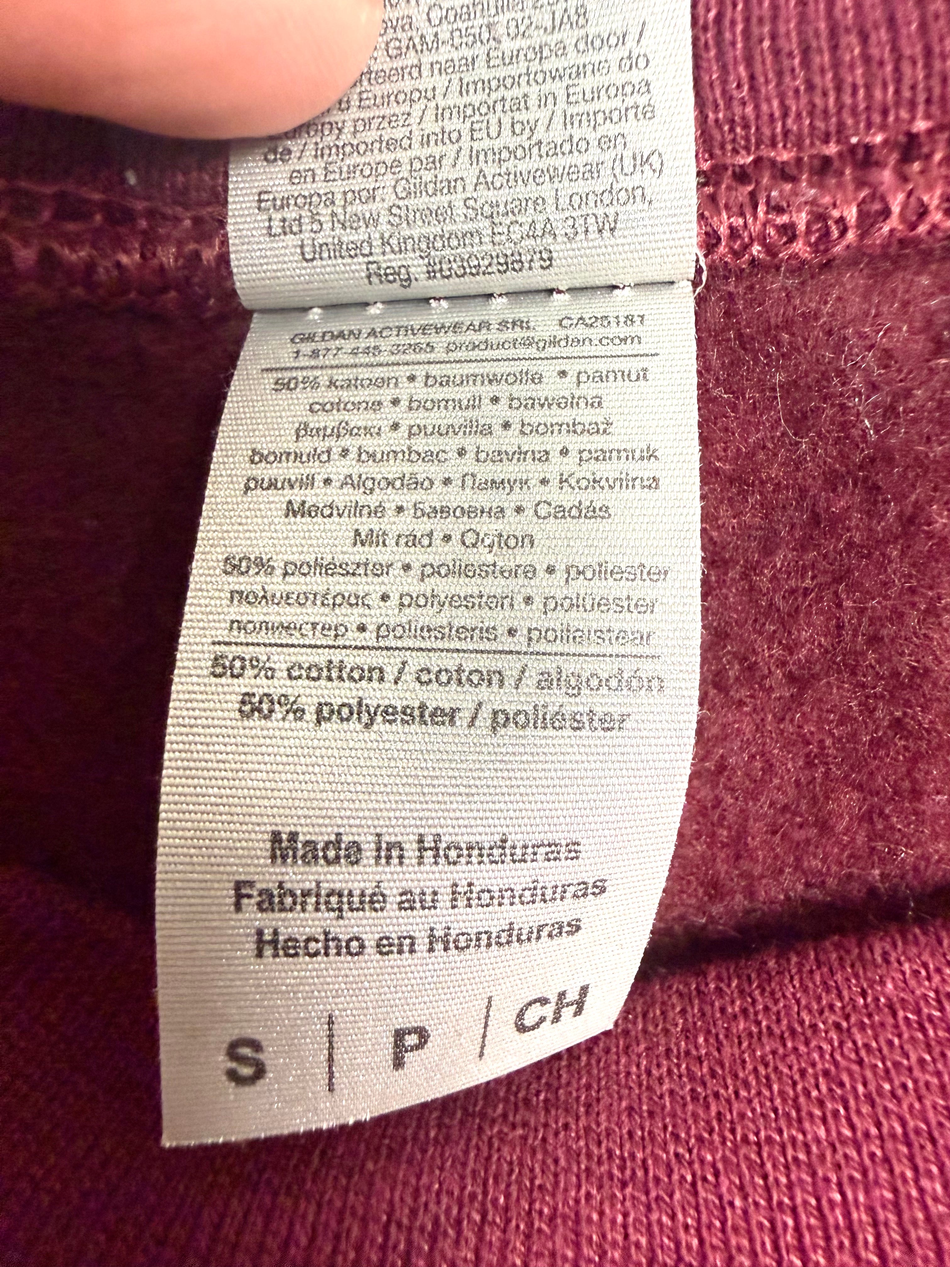 Rose Apothecary sweatshirt fabric content tag 50 cotton 50 polyester