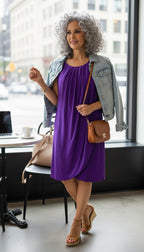 Ross Mayer 100% Silk Sleeveless Dress | Size 12 at Blue Sparrow Shop on woman with denim jacket and wedge sandals 