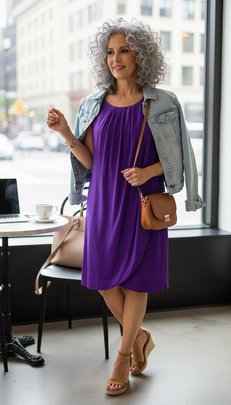 Ross Mayer 100% Silk Sleeveless Dress | Size 12 at Blue Sparrow Shop on woman with denim jacket and wedge sandals 